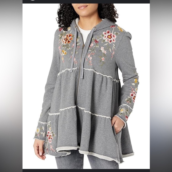 Johnny Was Acacia Tiered Embroidered Floral Gray Hooded Zip Front Jacket Small - Picture 2 of 10